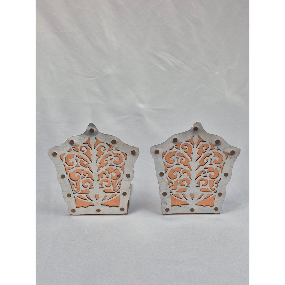 Vintage Copper Silver Tone Bookends Pierced Metal Scrollwork Desk Decor Set Gift